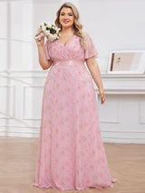 pretty MONICA|Plus Size Empire Waist V Back Bridesmaid Dress with Short Sleeves