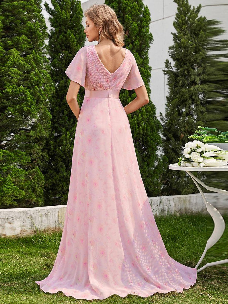 ever MONICA|Long Empire Waist Bridesmaid Dress with Short Flutter Sleeves