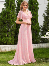 ever MONICA|Long Empire Waist Bridesmaid Dress with Short Flutter Sleeves