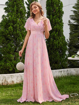 ever MONICA|Long Empire Waist Bridesmaid Dress with Short Flutter Sleeves