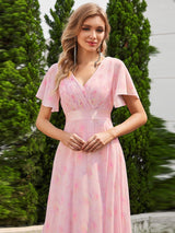 ever MONICA|Long Empire Waist Bridesmaid Dress with Short Flutter Sleeves