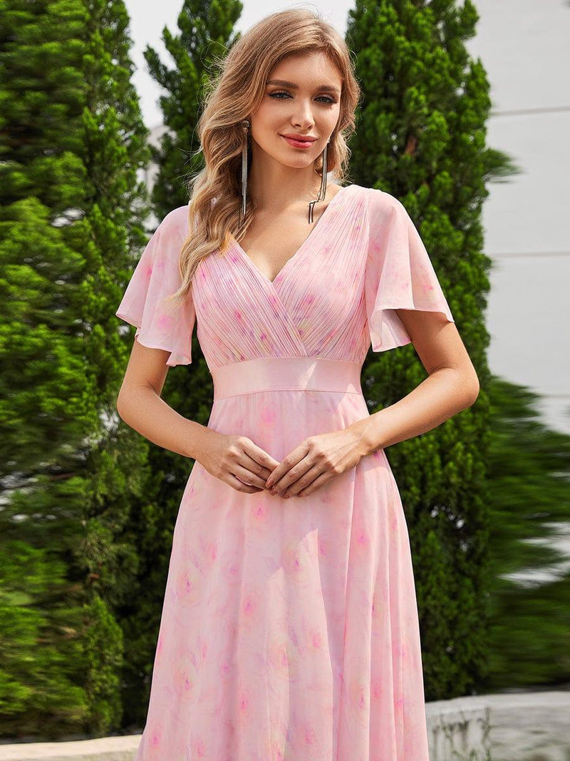 ever MONICA|Long Empire Waist Bridesmaid Dress with Short Flutter Sleeves