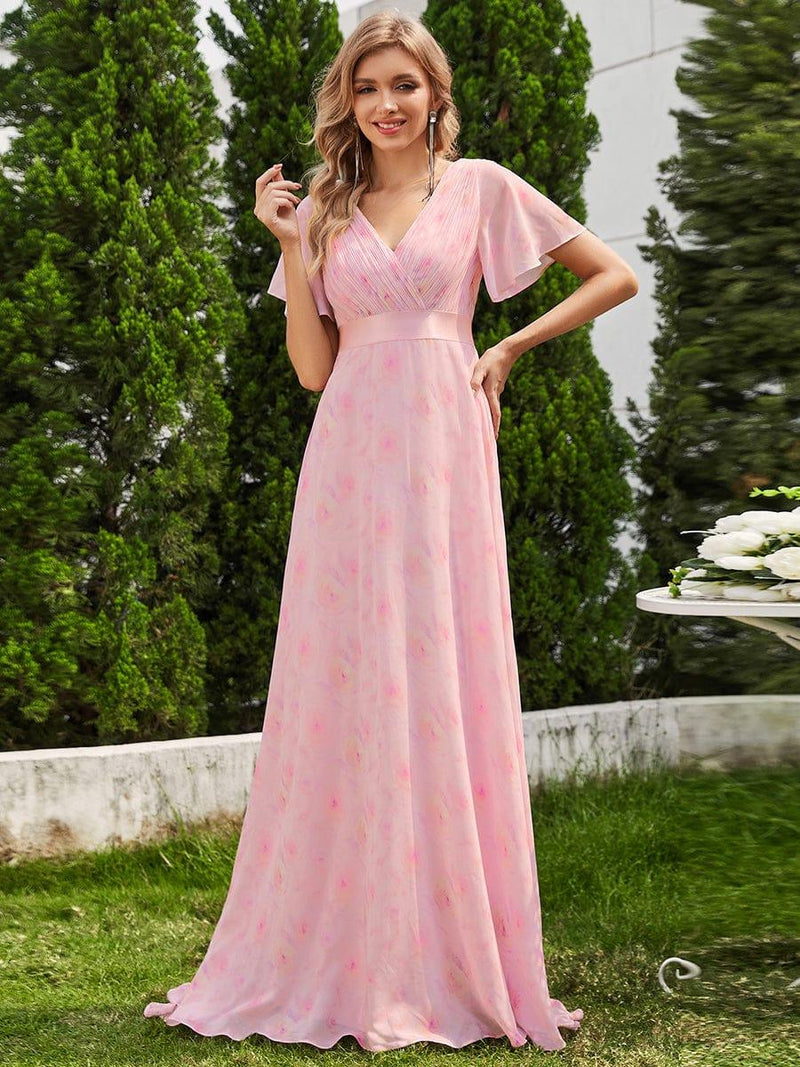 ever MONICA|Long Empire Waist Bridesmaid Dress with Short Flutter Sleeves