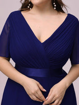 pretty MONICA|Plus Size Empire Waist V Back Bridesmaid Dress with Short Sleeves