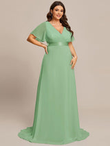 ever MONICA|Long Empire Waist Bridesmaid Dress with Short Flutter Sleeves