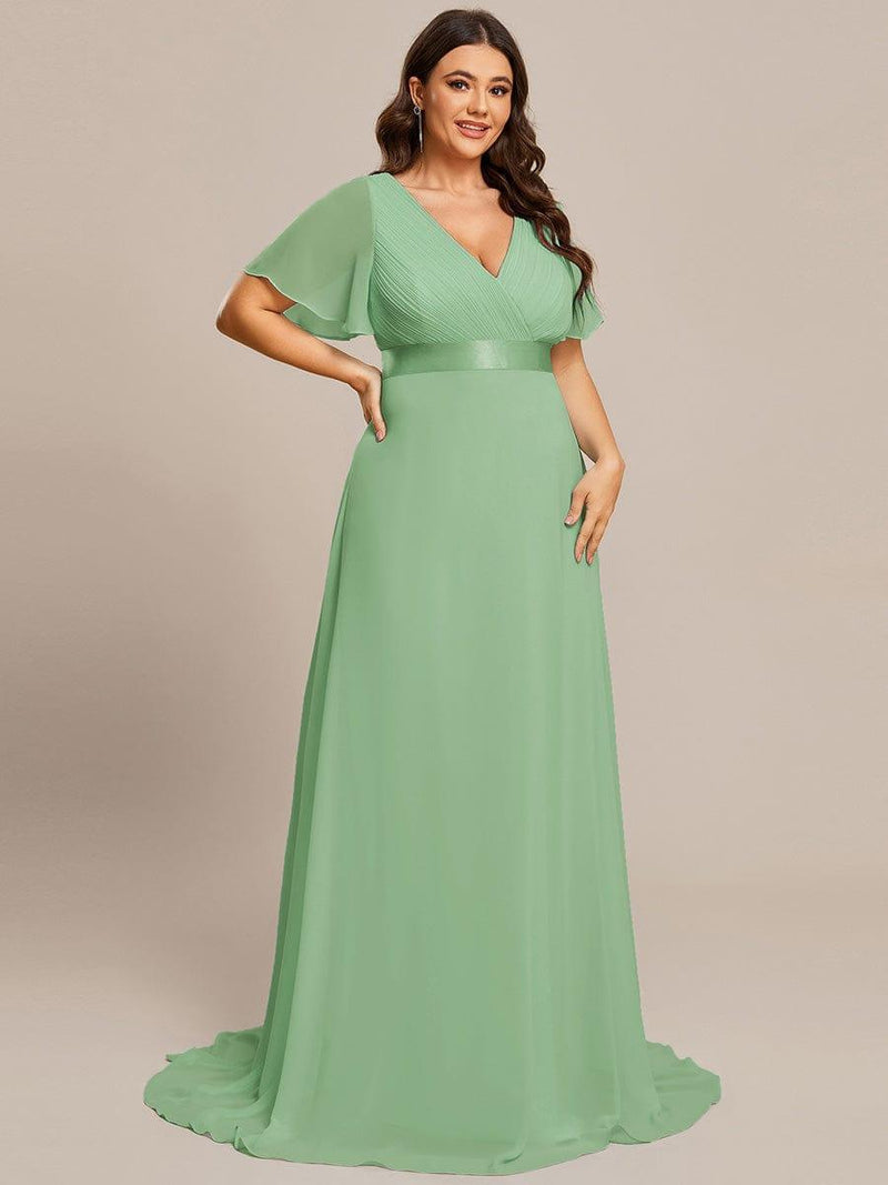 ever MONICA|Long Empire Waist Bridesmaid Dress with Short Flutter Sleeves