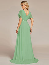 ever MONICA|Long Empire Waist Bridesmaid Dress with Short Flutter Sleeves