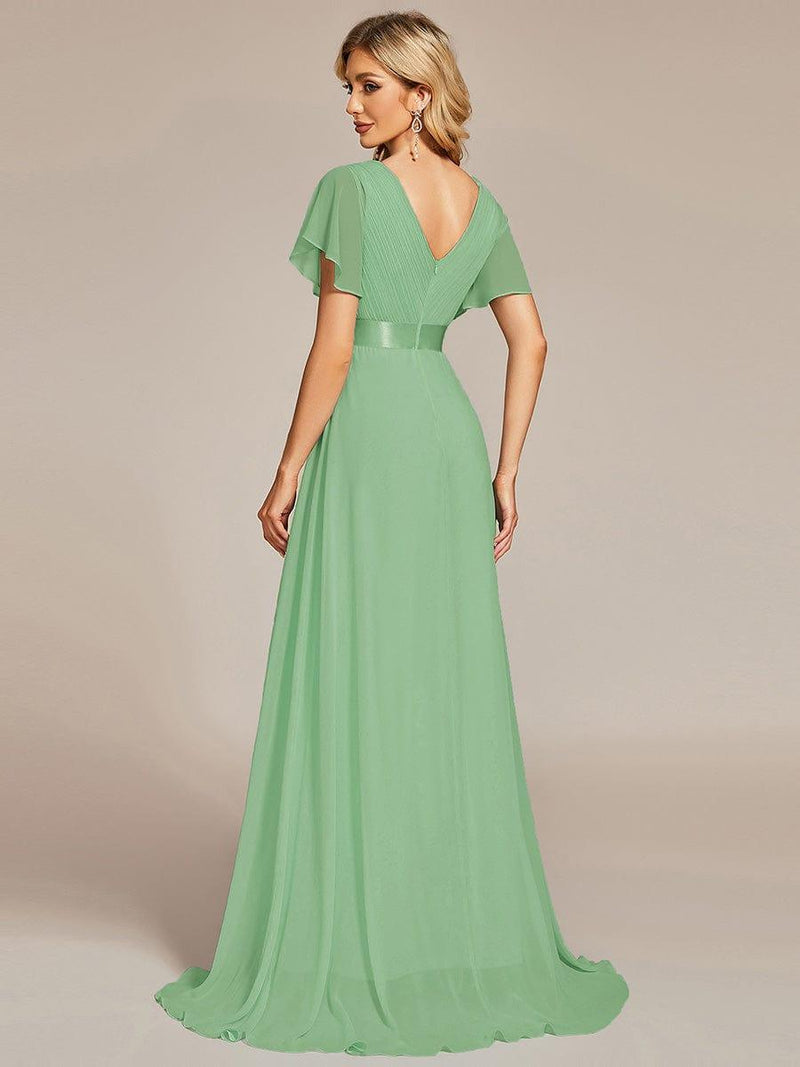 ever MONICA|Long Empire Waist Bridesmaid Dress with Short Flutter Sleeves