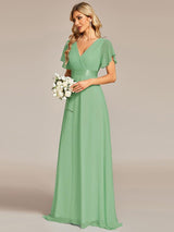 ever MONICA|Long Empire Waist Bridesmaid Dress with Short Flutter Sleeves