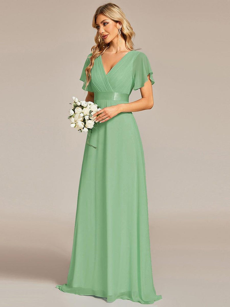 ever MONICA|Long Empire Waist Bridesmaid Dress with Short Flutter Sleeves