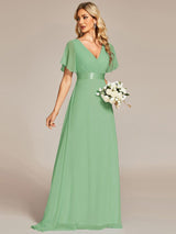 ever MONICA|Long Empire Waist Bridesmaid Dress with Short Flutter Sleeves