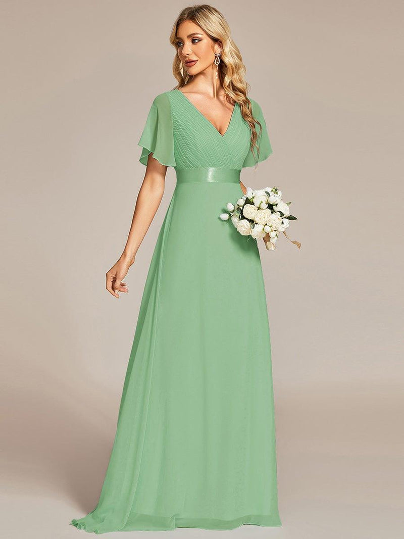 ever MONICA|Long Empire Waist Bridesmaid Dress with Short Flutter Sleeves