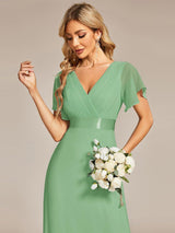 ever MONICA|Long Empire Waist Bridesmaid Dress with Short Flutter Sleeves