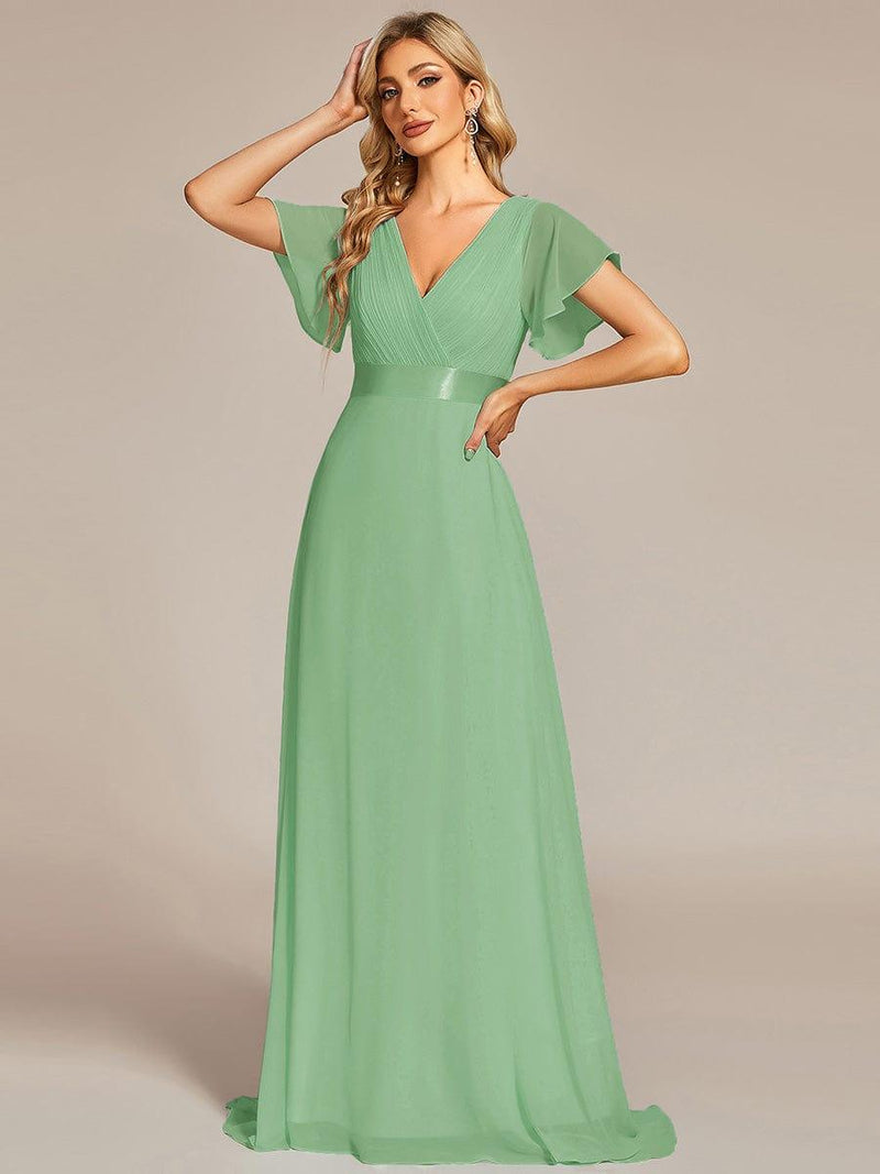 ever MONICA|Long Empire Waist Bridesmaid Dress with Short Flutter Sleeves