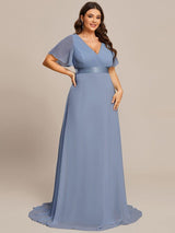 pretty MONICA|Plus Size Empire Waist V Back Bridesmaid Dress with Short Sleeves