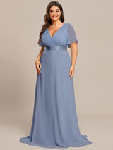 pretty MONICA|Plus Size Empire Waist V Back Bridesmaid Dress with Short Sleeves