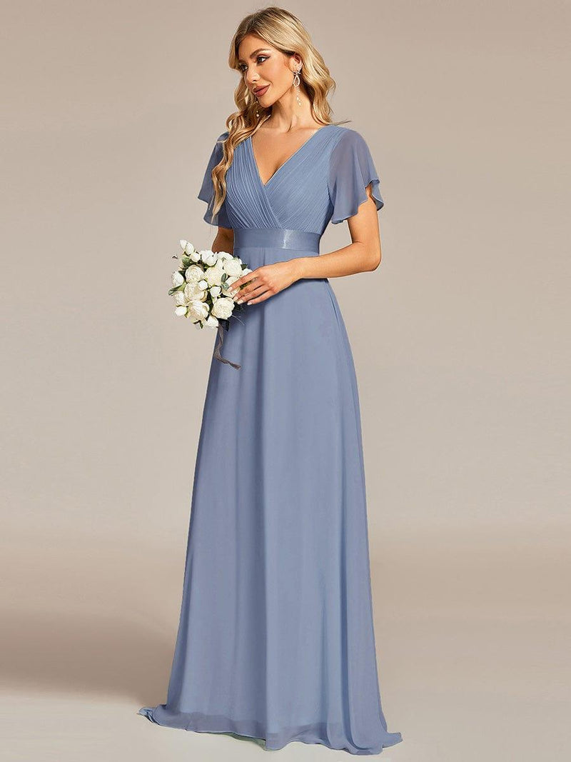 ever MONICA|Long Empire Waist Bridesmaid Dress with Short Flutter Sleeves