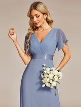 ever MONICA|Long Empire Waist Bridesmaid Dress with Short Flutter Sleeves