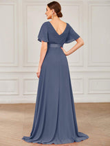 ever MONICA|Long Empire Waist Bridesmaid Dress with Short Flutter Sleeves