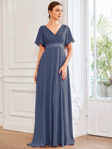 ever MONICA|Long Empire Waist Bridesmaid Dress with Short Flutter Sleeves