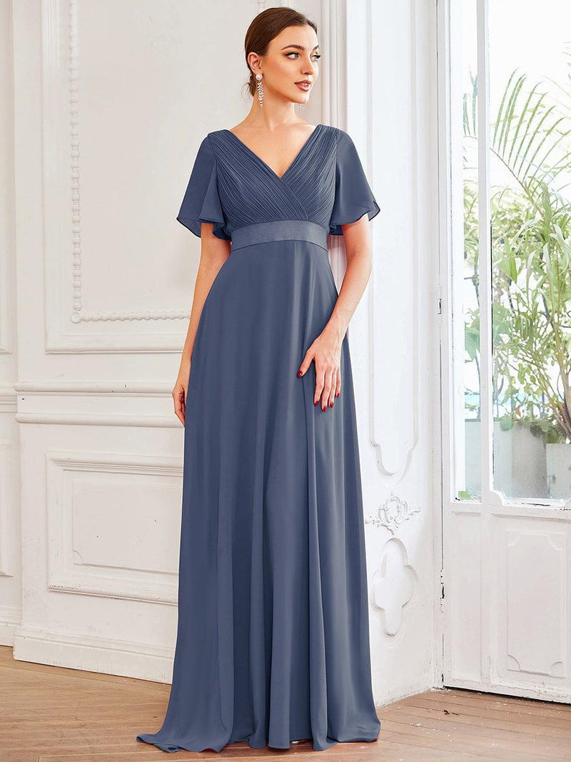 ever MONICA|Long Empire Waist Bridesmaid Dress with Short Flutter Sleeves