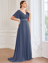ever MONICA|Long Empire Waist Bridesmaid Dress with Short Flutter Sleeves