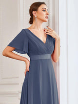 ever MONICA|Long Empire Waist Bridesmaid Dress with Short Flutter Sleeves