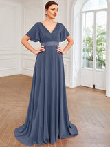 ever MONICA|Long Empire Waist Bridesmaid Dress with Short Flutter Sleeves