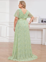 ever MONICA|Long Empire Waist Bridesmaid Dress with Short Flutter Sleeves