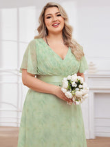 ever MONICA|Long Empire Waist Bridesmaid Dress with Short Flutter Sleeves