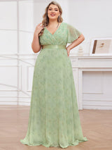 pretty MONICA|Plus Size Empire Waist V Back Bridesmaid Dress with Short Sleeves