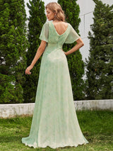 ever MONICA|Long Empire Waist Bridesmaid Dress with Short Flutter Sleeves