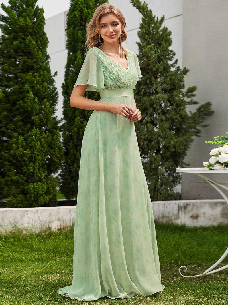 ever MONICA|Long Empire Waist Bridesmaid Dress with Short Flutter Sleeves