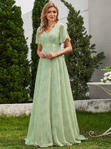 ever MONICA|Long Empire Waist Bridesmaid Dress with Short Flutter Sleeves
