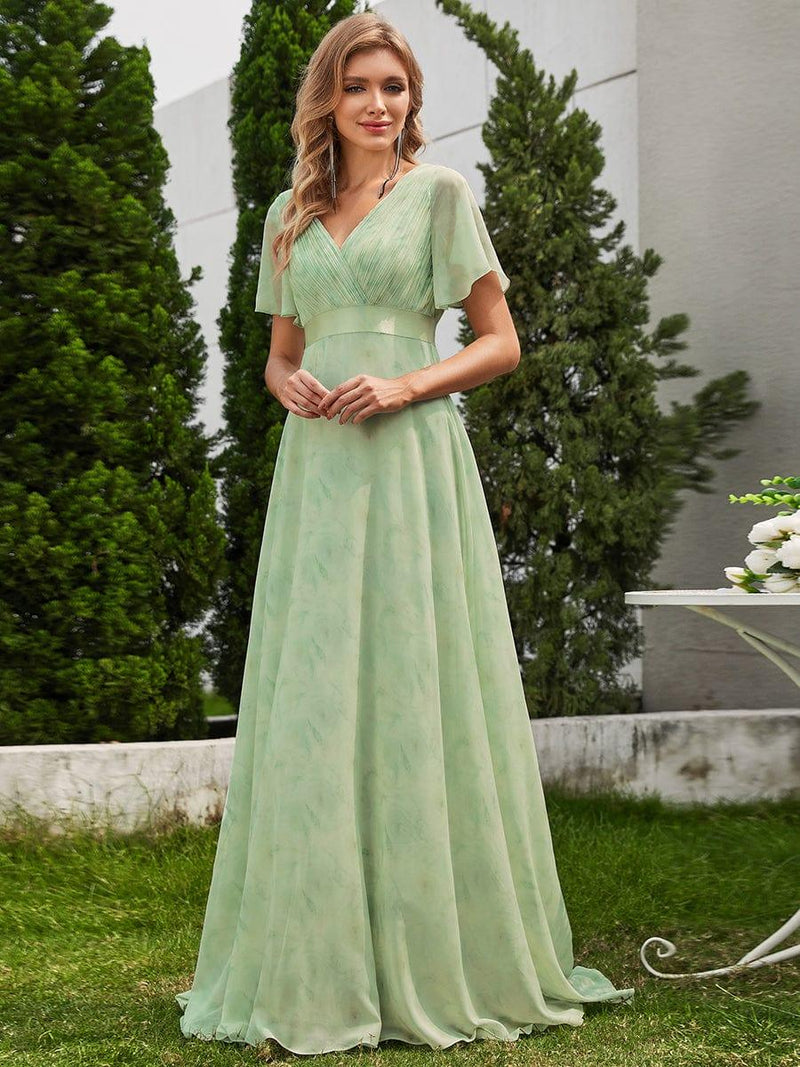 ever MONICA|Long Empire Waist Bridesmaid Dress with Short Flutter Sleeves