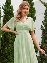 ever MONICA|Long Empire Waist Bridesmaid Dress with Short Flutter Sleeves
