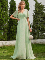 ever MONICA|Long Empire Waist Bridesmaid Dress with Short Flutter Sleeves