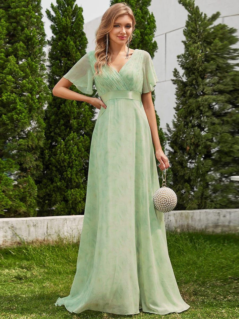 ever MONICA|Long Empire Waist Bridesmaid Dress with Short Flutter Sleeves