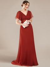 ever MONICA|Long Empire Waist Bridesmaid Dress with Short Flutter Sleeves
