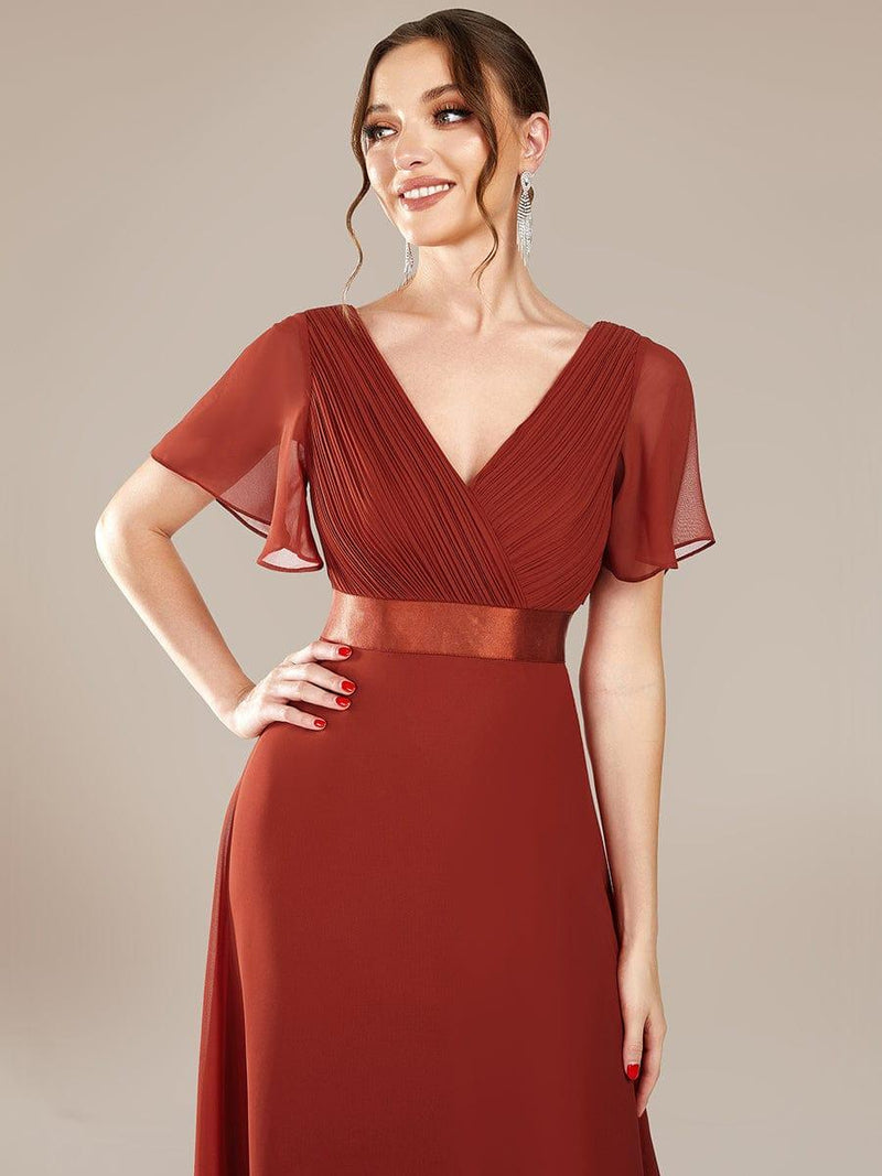 ever MONICA|Long Empire Waist Bridesmaid Dress with Short Flutter Sleeves
