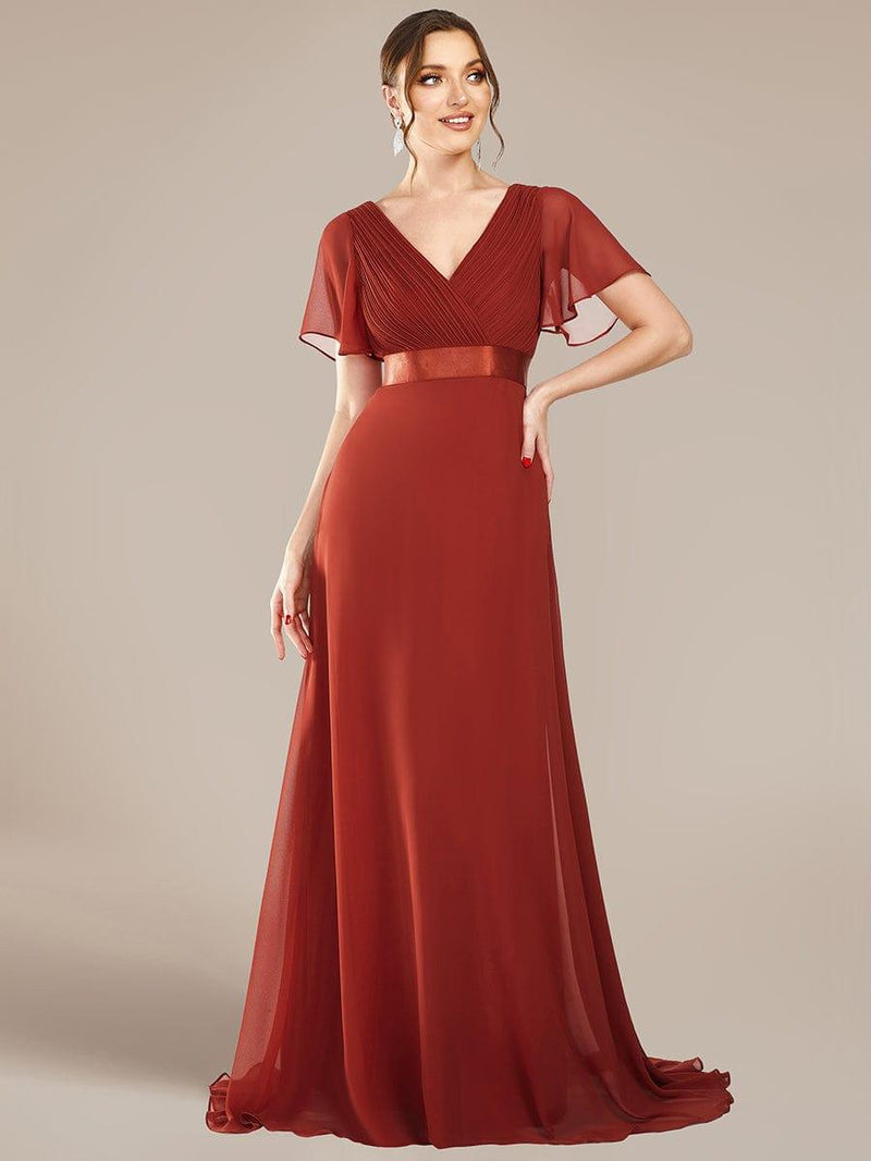 ever MONICA|Long Empire Waist Bridesmaid Dress with Short Flutter Sleeves