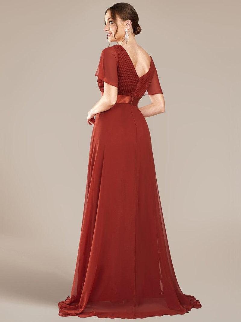 ever MONICA|Long Empire Waist Bridesmaid Dress with Short Flutter Sleeves