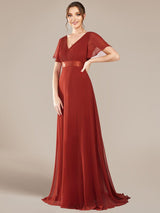 ever MONICA|Long Empire Waist Bridesmaid Dress with Short Flutter Sleeves