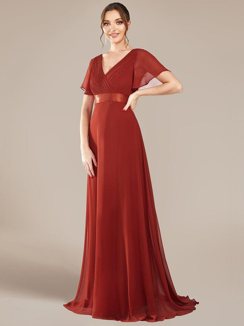ever MONICA|Long Empire Waist Bridesmaid Dress with Short Flutter Sleeves