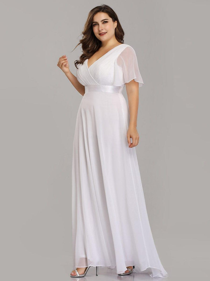 pretty MONICA|Plus Size Empire Waist V Back Bridesmaid Dress with Short Sleeves