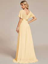 ever MONICA|Long Empire Waist Bridesmaid Dress with Short Flutter Sleeves