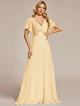 ever MONICA|Long Empire Waist Bridesmaid Dress with Short Flutter Sleeves
