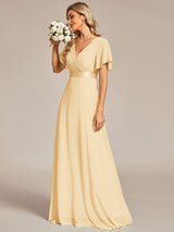ever MONICA|Long Empire Waist Bridesmaid Dress with Short Flutter Sleeves