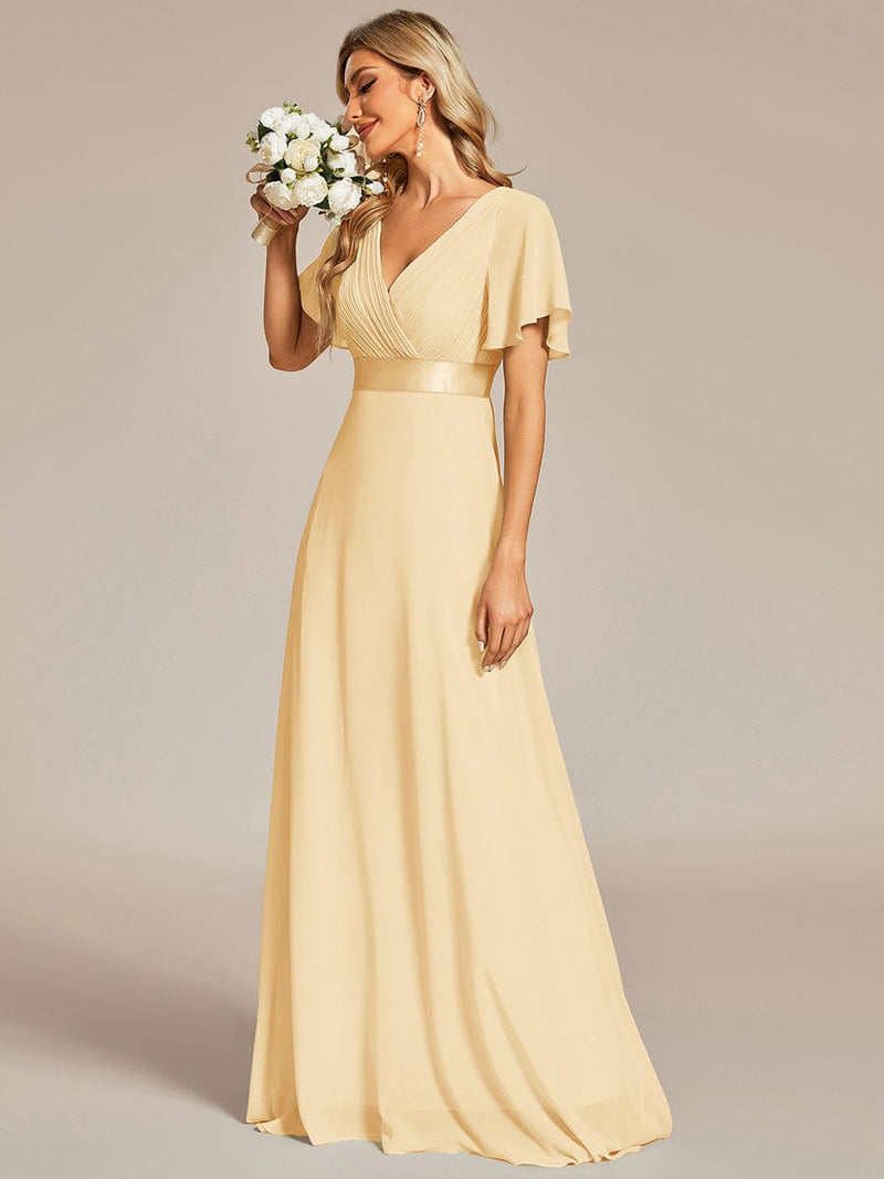 ever MONICA|Long Empire Waist Bridesmaid Dress with Short Flutter Sleeves