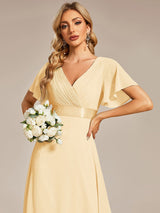ever MONICA|Long Empire Waist Bridesmaid Dress with Short Flutter Sleeves